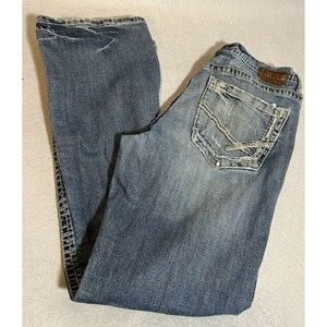BKE Buckle SETH Mens Bootleg Blue Denim Thick Stitch Jeans 34X31 Distressed Hole